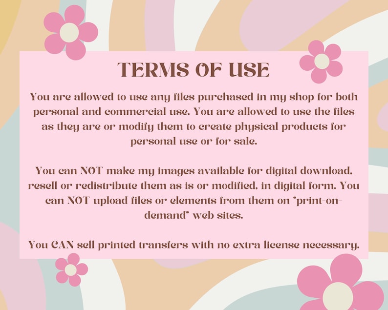 K&ouml;nnte beinhalten: Ein rosa Hintergrund mit einem pastellfarbenen Regenbogen-Design und Blumenakzenten. Der Text "TERMS OF USE" wird angezeigt, gefolgt von Nutzungsrichtlinien f&uuml;r gekaufte Dateien, einschlie&szlig;lich privater und kommerzieller Nutzung, sowie Einschr&auml;nkungen f&uuml;r den digitalen Vertrieb.
