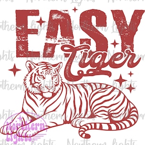 Puede incluir: Diseño gráfico rojo y blanco con el texto "Easy Tiger" y una imagen estilizada de un tigre acostado.