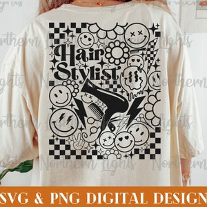 Retro Hair Stylist SVG, HairStylist Svg, Hair Stylist sublimatie Design Png, Retro Smile Face Svg, voor- en achterkant Hairstylist Svg