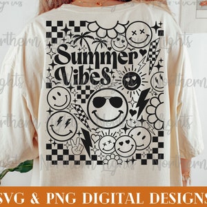 Vibraciones de verano retro SVG, Svg de verano, Diseño de sublimación de vibraciones de verano Png, Cara sonriente retro Svg, Impresión de verano frontal y posterior Svg