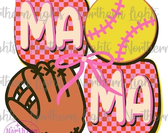 Softball Mama Retro Coquette Png, Softball Mom Sublimation Design, Softball Mom Png, Softball checkered mama png, Coquette Bow baseball