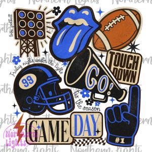 Royal Blue Football Collage PNG: Retro Game Day Sublimation Design (Digital Download