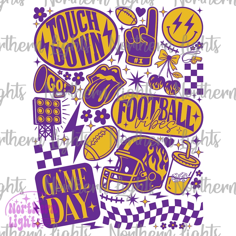 May include: A digital graphic with a football theme. It features the words "Touch Down", "Game Day", and "Football Vibes". Other elements include a football helmet, footballs, a foam finger, and a drink. The color scheme is purple and gold.
