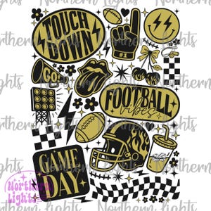 May include: A collection of gold and black football-themed graphics. Includes the words "Touch Down", "Football Vibes", and "Game Day". Also features a football, helmet, foam finger, and other sports-related icons.