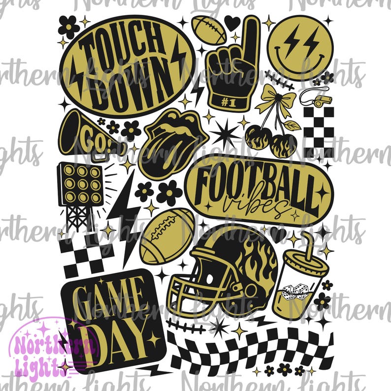 May include: A collection of gold and black football-themed graphics. Includes the words "Touch Down", "Football Vibes", and "Game Day". Also features a football, helmet, foam finger, and other sports-related icons.