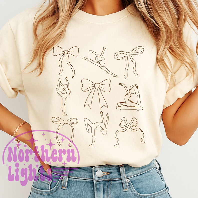 K&ouml;nnte beinhalten: Cremefarbenes Sweatshirt mit einer Ansammlung von Strichzeichnungen. Das Design umfasst verschiedene Schleifenformen und stilisierte Figuren in Ballettposen. Der Text "Northern Light" ist in der unteren linken Ecke sichtbar.