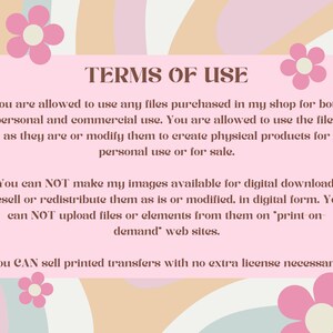 Puede incluir: Fondo rosa y naranja con texto blanco que describe los t&eacute;rminos de uso para archivos digitales. El texto establece que los archivos se pueden usar para uso personal y comercial, pero no se pueden revender o redistribuir digitalmente. Las transferencias impresas se pueden vender sin licencia adicional.