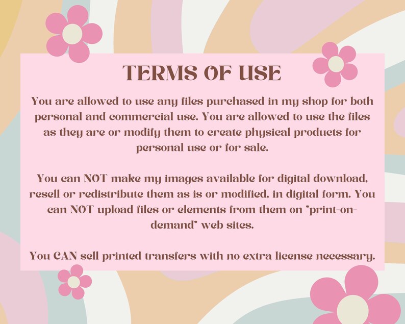 Puede incluir: Fondo rosa y naranja con texto blanco que describe los t&eacute;rminos de uso para archivos digitales. El texto establece que los archivos se pueden usar para uso personal y comercial, pero no se pueden revender o redistribuir digitalmente. Las transferencias impresas se pueden vender sin licencia adicional.