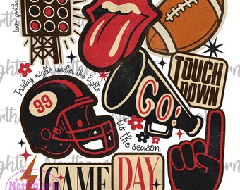 May include: A collection of vintage-style football-themed graphics. Includes a football helmet with the number 99, a football, a megaphone with "GO!", a red tongue, and a foam finger with "#1". Text includes "GAME DAY" and "TOUCH DOWN".