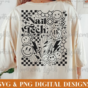 Retro Nail Tech SVG, Nail Svg, Nail Hustler sublimatie Design Png, Retro Smile Face Svg, voor- en achterkant Nail Tech Svg