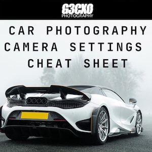 May include: A white sports car with a black rear spoiler and yellow license plate. The car is parked on a gray asphalt road with a foggy background. The text "G3CKO PHOTOGRAPHY CAR PHOTOGRAPHY CAMERA SETTINGS CHEAT SHEET" is displayed above the car.