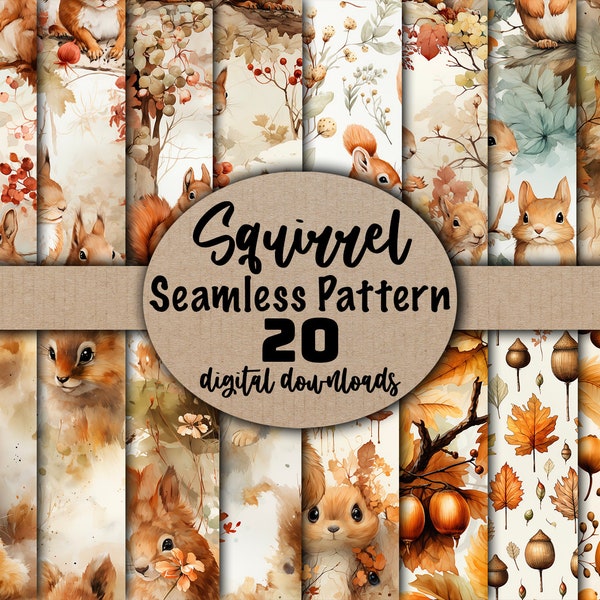 Cute Squirrels Digital Papers, Cute Animals, Squirrel Patterns, Squirrel Seamless Pattern, Watercolor Digital, Fall Digital Paper,Squirrel