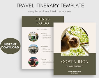 Travel Itinerary Template, Travel Planner, Digital Template Download, Editable on Canva, Printable, Travel Guide Costa Rica
