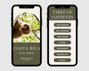 Mobile Travel Itinerary Template,  Travel Planner, Digital Template Download, Editable on Canva, Printable, Travel Guide Costa Rica