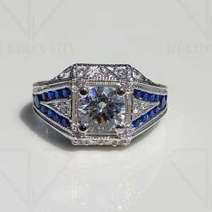 1890&#39;s 1.00ct Vintage Round Cut Diamond Ring Halo Blue Sapphire Art Deco Ring Bezel Set Edwardian Engagement Ring In 935 Argentium Silver