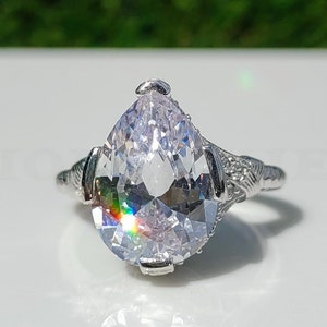 1890&#39;s Antique Art Deco 5.75ct Pear Cut Diamond Engagement Ring, 935 Argentium Silver Estate Ring, Art Deco Jewelry Antique Engagement Rings