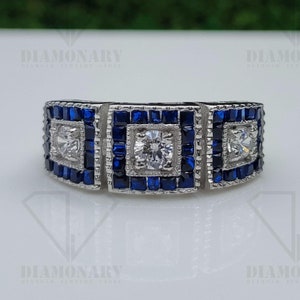 Circa 1900-10s Vintage Edwardian 3.10 Carat Round Diamond With Sapphire Halo Antique Engagement Ring In 935 Argentium Silver / Art Deco Ring