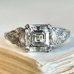 Art Deco Vintage Engagement Ring Ethical Asscher Cut Diamond Engagement Ring 935 Argentium Silver 2.30 Ct Art Deco Ring for her Antique Ring