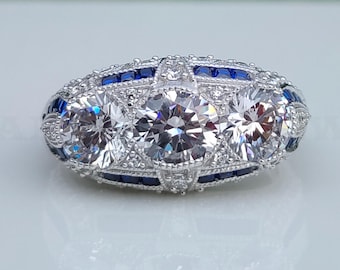 1890s Vintage Art Deco Trilogy Estate Ring, 3.5Ct Old European Diamond Engagement Ring In 935 Argentium Silver, Antique Engagement Ring Gift