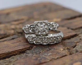 1 Cts Diamond Vintage Art Deco Bridal Set Engagement Ring 935 Argentium Silver, Five Stone Dainty Band, Stacking Bridal Set Antique Ring Set