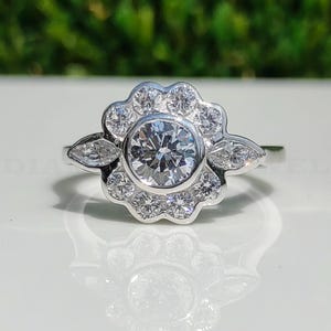 Old European Round Cut Diamond Ring Floral Inspired Engagement Ring, Cluster Ring Vintage Edwardian Ring, 935 Argentium Silver Wedding Ring