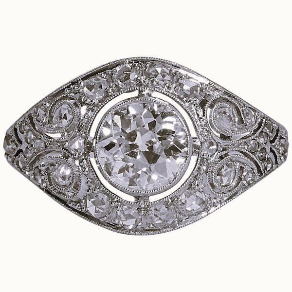 1890s Era Art Deco Vintage 3.85Cts Diamond Antique Engagement Ring, 935 Argentium Silver Edwardian Engagement Ring, Moissanite Diamond Ring