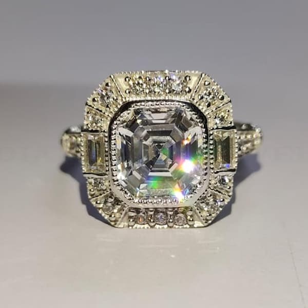 Vintage 1890s 3ct Antique Asscher Cut Bezel Set Diamond Art Deco Ring, Edwardian Engagement Ring, 935 Argentium Silver Womens Vintage Ring