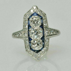 Vintage Edwardian 3.10 Carat Old European Cut Diamond With Sapphire Halo Antique Engagement Ring In 935 Argentium Silver / Art Deco Ring