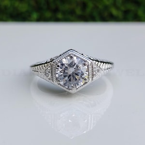 1900-15 Edwardian Art Deco Ring, 1.30 Carat Old European Cut Diamond Engagement Ring 935 Argentium Silver, Antique Jewelry, Vintage Rings