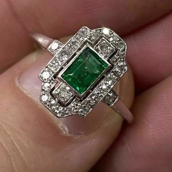 1892s Art Deco 1.50 Ct Green Emerald & Diamond - Antique Engagement Wedding Ring - Women's Anniversary Gift Ring in 935 Argentium Silver