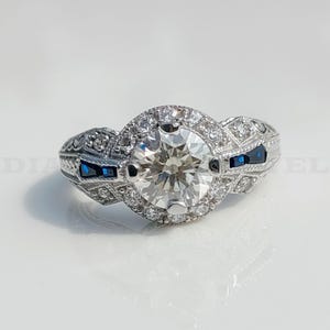 1890s Vintage Art Deco Old European Diamond & Sapphire Engagement Ring In 935 Argentium Silver, Antique Edwardian Ring, Motif Filigree Ring