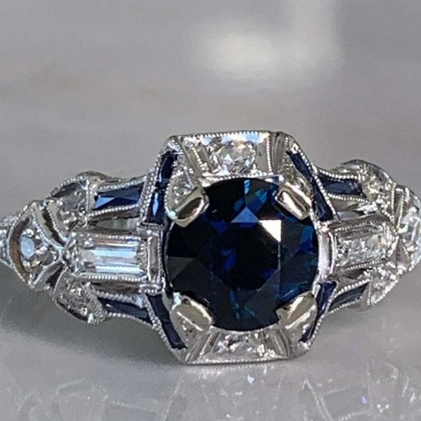 1890s Antique Art Deco 2 Ct Round Blue Sapphire & Diamond Vintage Engagement Wedding Ring In 935 Argentium Silver, Edwardian Ring For Her