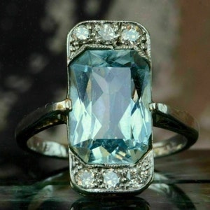 Estate Vintage Art Deco Wedding Ring 935 Argentium Silver / 3.55Ct Aquamarine Diamond Ring / Aquamarine Gemstone Filigree Ring/ March Ring