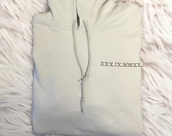 Custom personalised embroidered his & hers couples matching unisex couples hoodies Roman numeral wedding gift / anniversary date hoodie