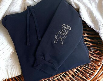 Custom embroidered pet portrait hoodie sweater on sleeve, dog, line art graphic portrait , special gift, memory, pet condolences, loss gift
