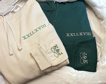 Custom personalised embroidered his & hers couples matching unisex couples hoodies Roman numeral wedding gift / anniversary date hoodie