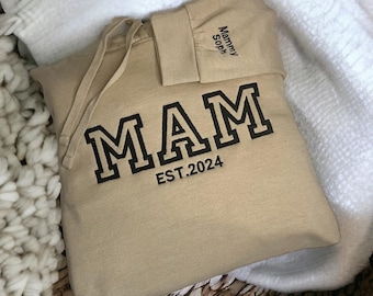 personalised mum est sweatshirt hoodie embroidered mothers day gift idea, mum mother mama sweater custom made, childrens names on sleeve