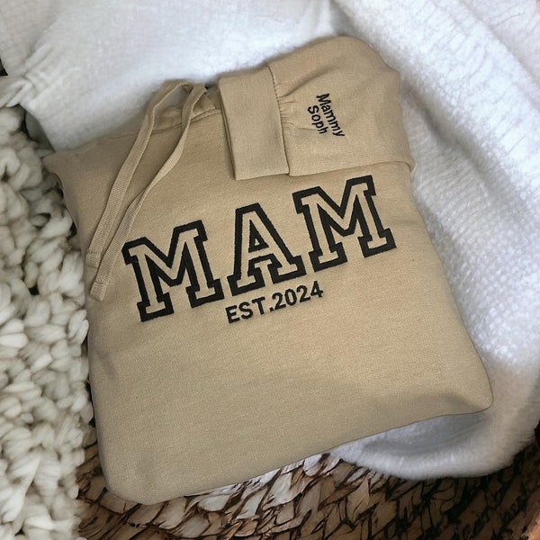 personalised mum est sweatshirt hoodie embroidered mothers day gift idea, mum mother mama sweater custom made, childrens names on sleeve