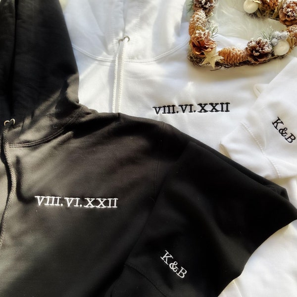Custom personalised embroidered his & hers couples matching unisex couples hoodies Roman numeral wedding gift / anniversary date hoodie