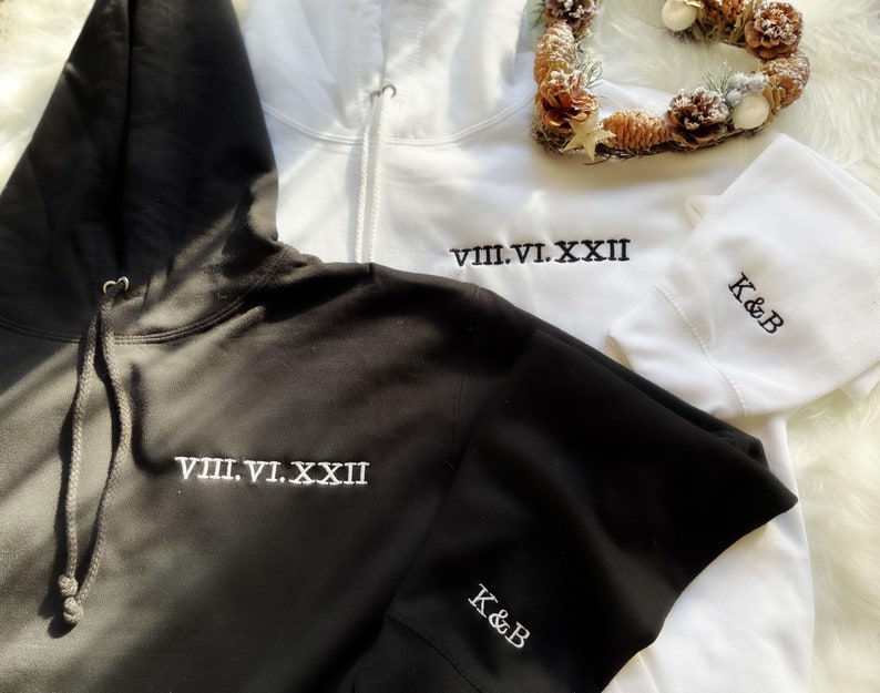 Custom personalised embroidered his & hers couples matching unisex couples hoodies Roman numeral wedding gift / anniversary date hoodie image 4