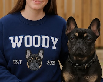 Custom Dog Hoodie Embroidered Dog Name, Varsity Personalized Pet Face Sweatshirt from Your Photo, Varsity Style Hoodie,Gifts for Dog Owners
