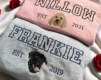 Custom Dog Hoodie Embroidered Dog Name, Varsity Personalized Pet Face Sweatshirt from Your Photo, Varsity Style Hoodie,Gifts for Dog Owners