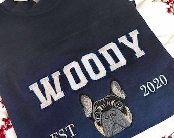 Custom Dog Hoodie Embroidered Dog Name, Varsity Personalized Pet Face Sweatshirt from Your Photo, Varsity Style Hoodie,Gifts for Dog Owners