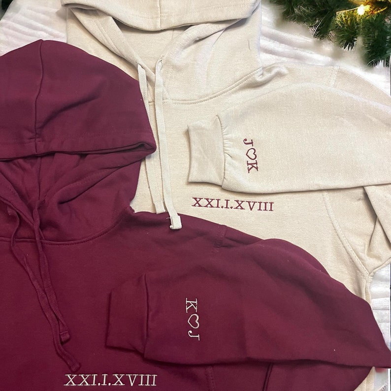 Custom personalised embroidered his & hers couples matching unisex couples hoodies Roman numeral wedding gift / anniversary date hoodie image 3