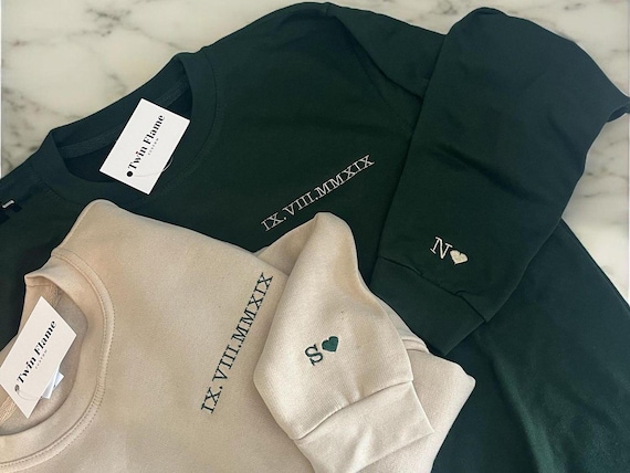 Custom personalised embroidered his & hers couples matching unisex couples hoodies Roman numeral wedding gift / anniversary date hoodie