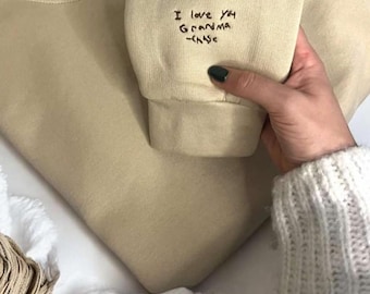Custom embroidered your OWN HANDWRITING hoodie sweater tshirt, line art , children writing, handwriting gift , anniversary , sentimental