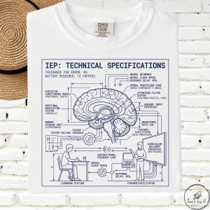 May include: White t-shirt with a blue diagram of a brain and the text "IEP: TECHNICAL SPECIFICATIONS". The diagram includes labels such as "Executive Functioning Module" and "Neural Networks". The shirt also states "Battery Required: 12 Coffees."