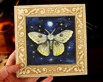 Miniature Moth Starry Sky Acrylic Painting Fairycore Cottagecore Gothic Art Original Ready to Hang Vintage Frame Insect Moth Decoration