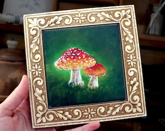 Miniature "Fly Agaric Mystic" Acrylic Painting Dark Academia Fairycore Cottagecore Art Original Ready to Hang with Frame Autumn Halloween Decoration