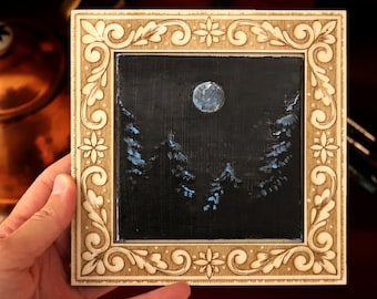 Miniature Blue Moon Acrylic Painting Original Cottagecore Gothic Art Vintage Painting Creepy Victorian Moonscape Dark Academia